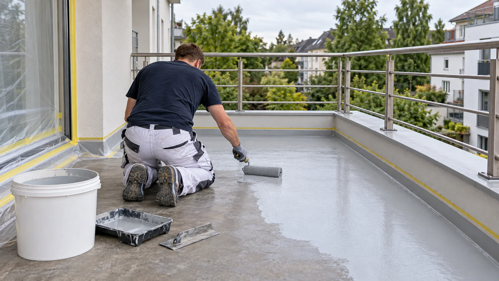 Handwerker trägt eine fugenlose graue Beschichtung auf einem Balkon auf