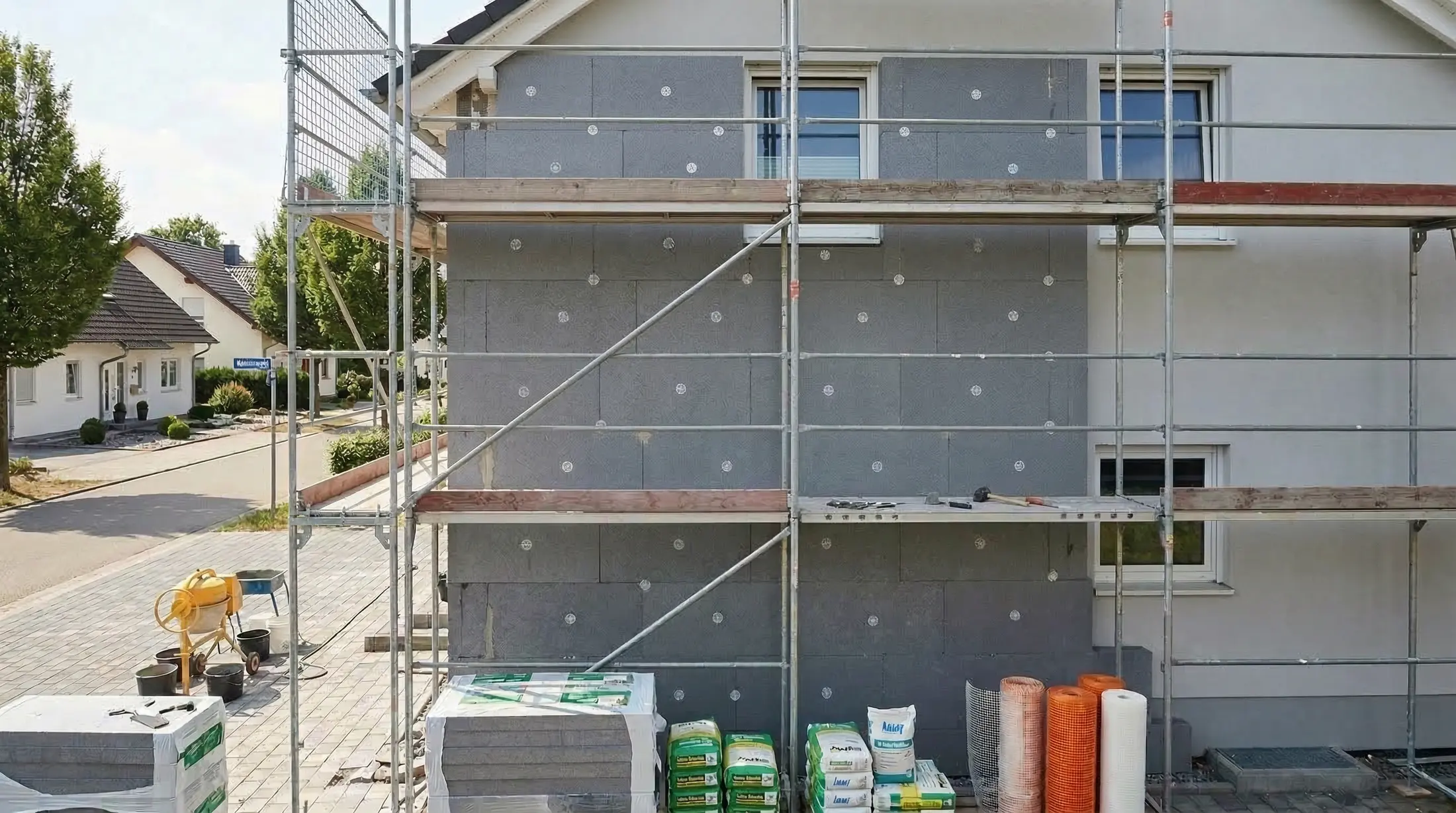 Montage eines Wärmedämmverbundsystems an der Außenwand