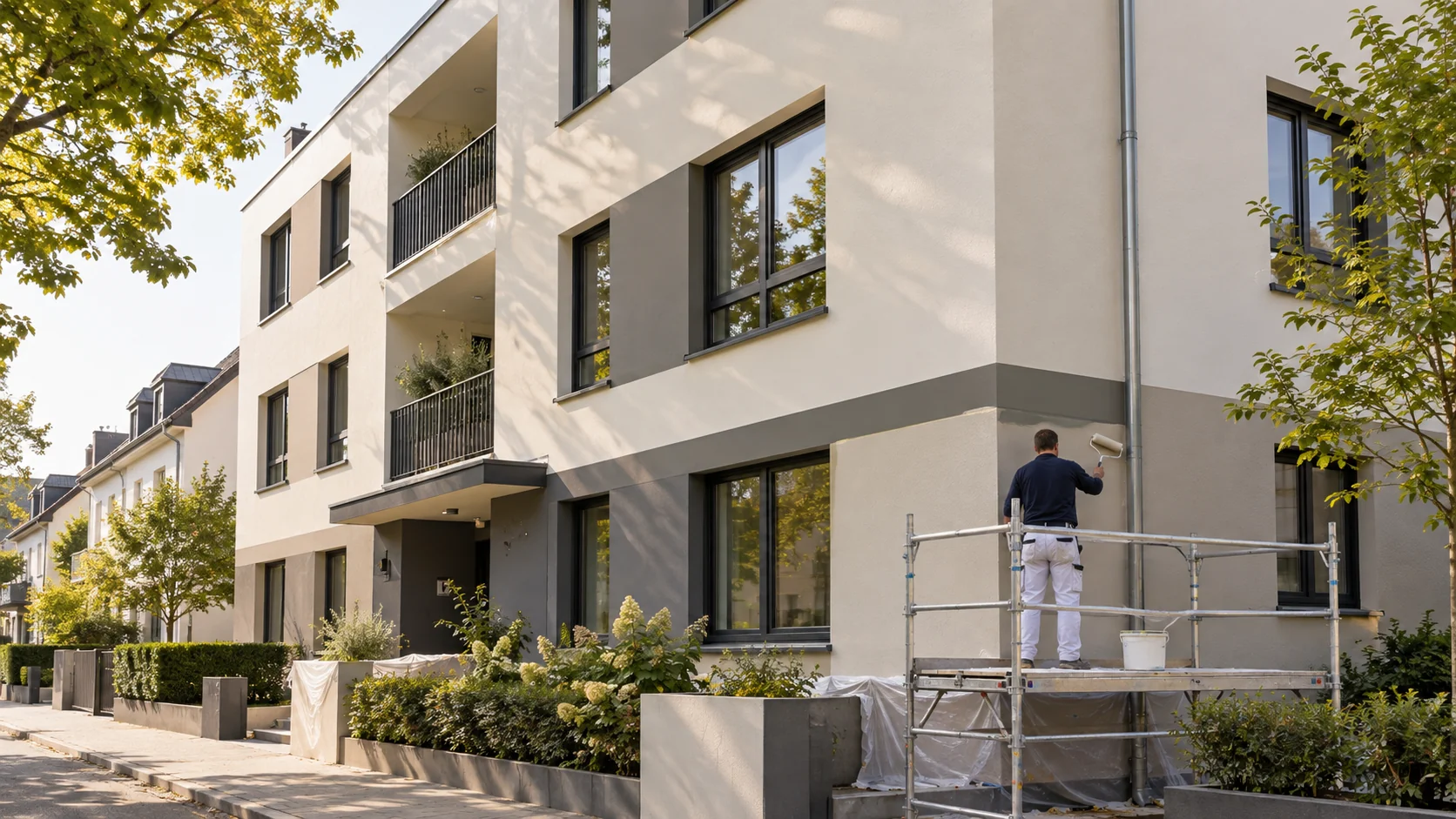 Maler gestaltet die Fassade eines modernen Wohnhauses in hellen Naturtönen