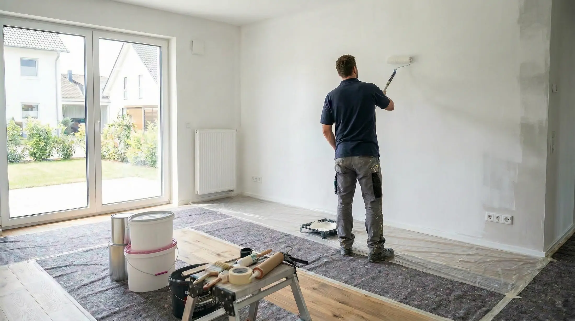 Maler streicht diskret einen Hotelflur mit geruchsarmer Farbe