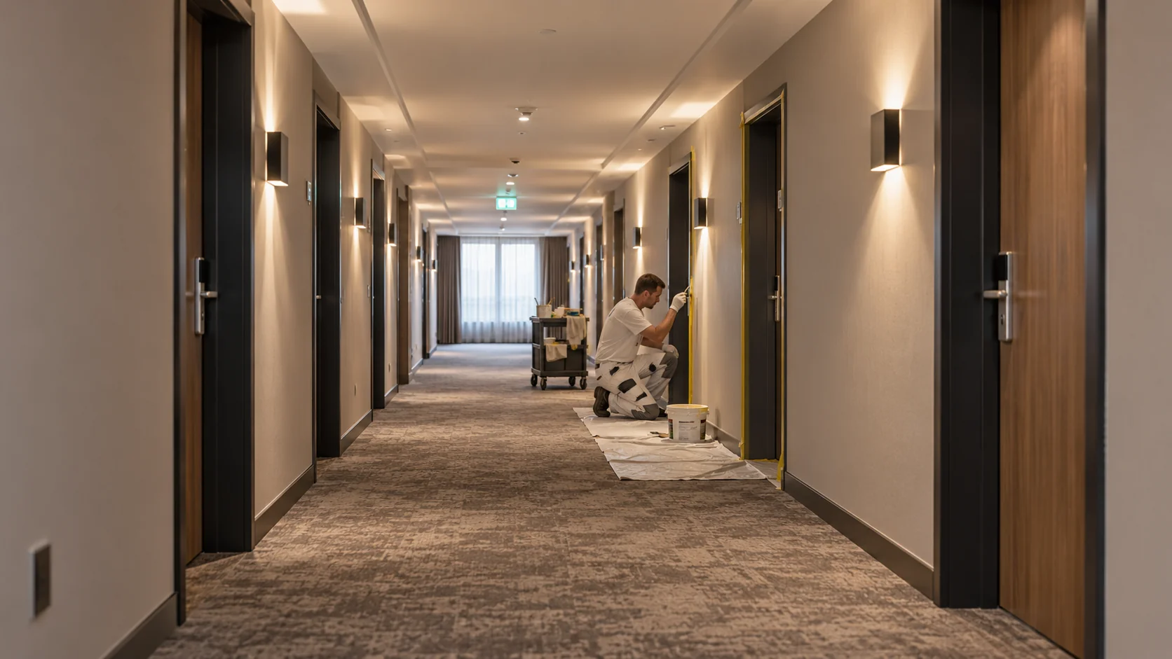 Handwerker bei Renovierungsarbeiten an einer Türzarge in einem Hotelflur