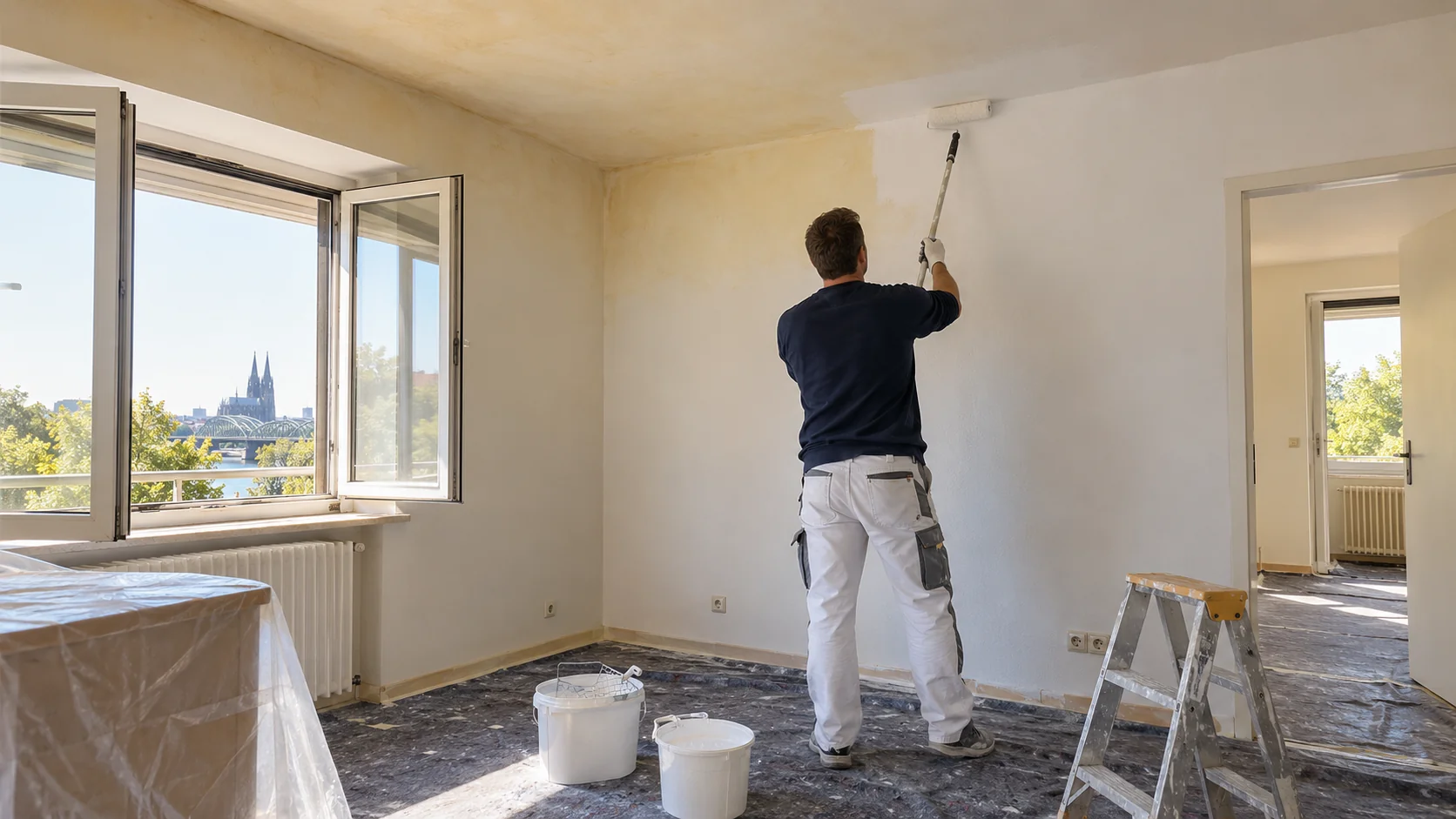 Maler streicht eine nikotinverfärbte Wand mit einer hellen Sperrbeschichtung