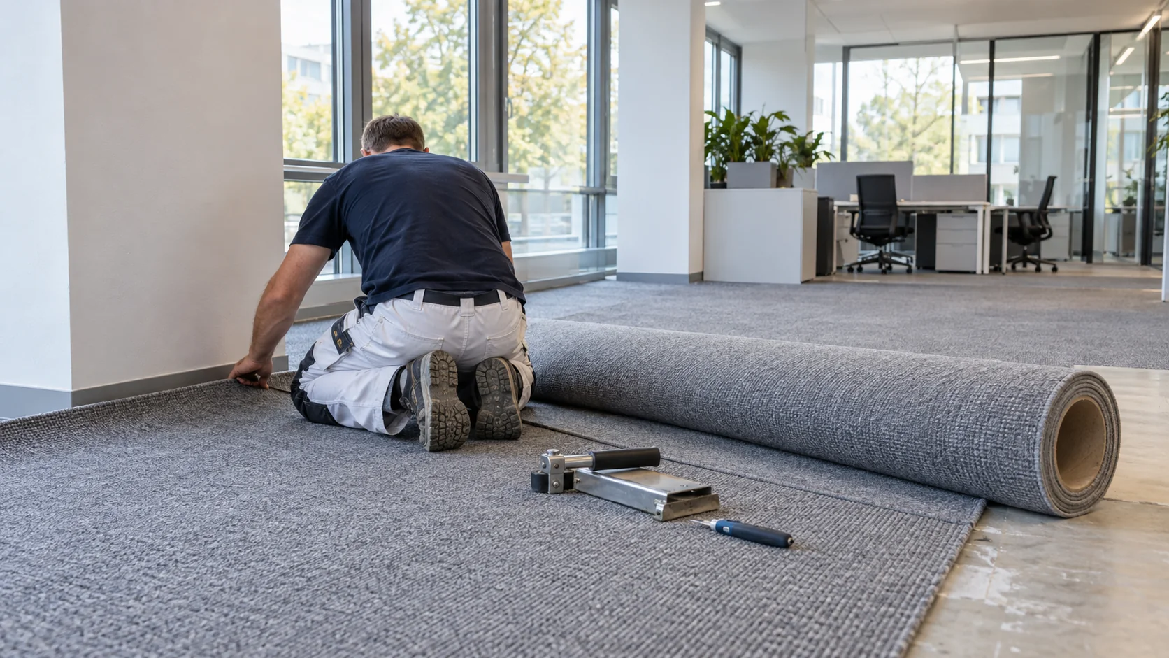 Bodenleger verlegt grauen Teppichboden in einer modernen Bürofläche